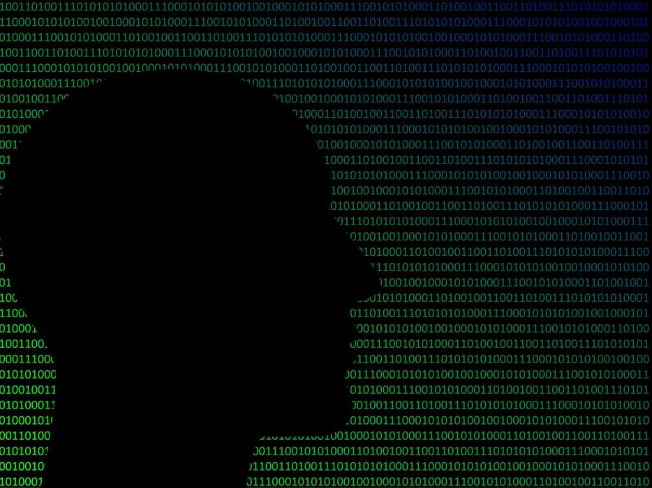 Black profile portrait of a person, at background with green binary code, on clipart