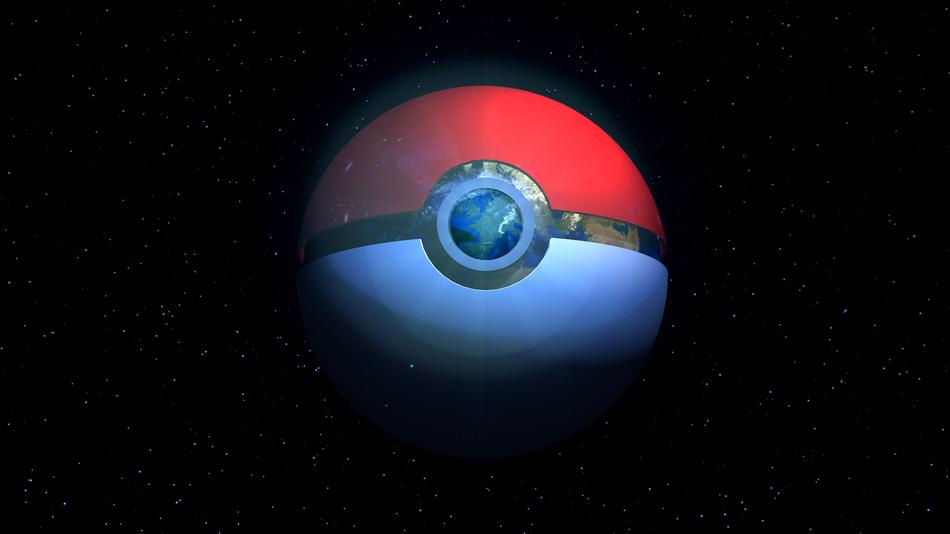 Beautiful, red, white and black Pokemon planer, in form of pokeball, among the space