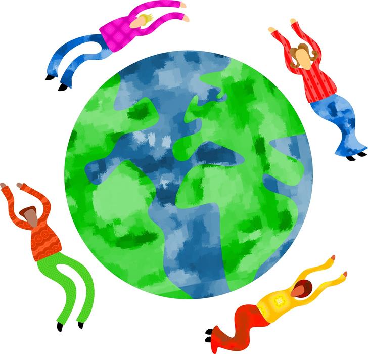 Beautiful painting of the colorful Earth globe and people around, on clipart