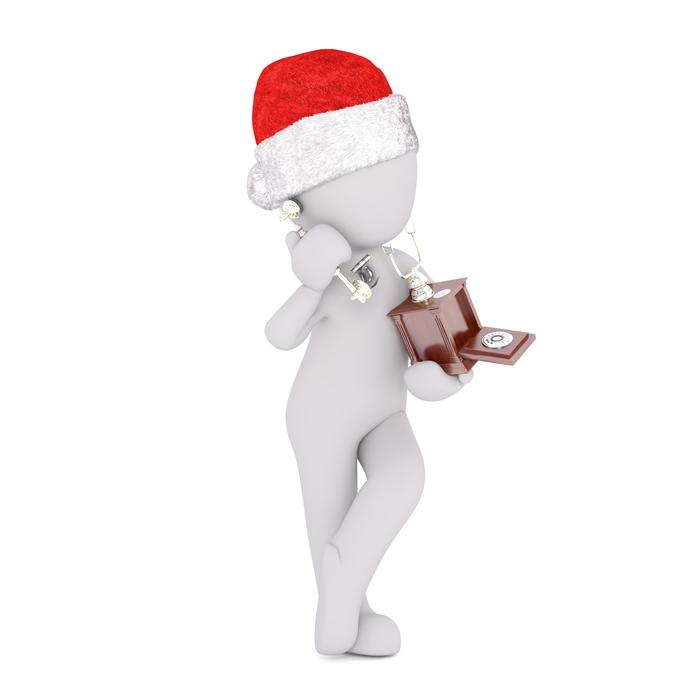 White figure in red and white Santa Hat talking on the telephone at white background