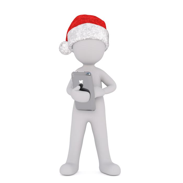 white male person in santa hat holds smartphone, 3d render