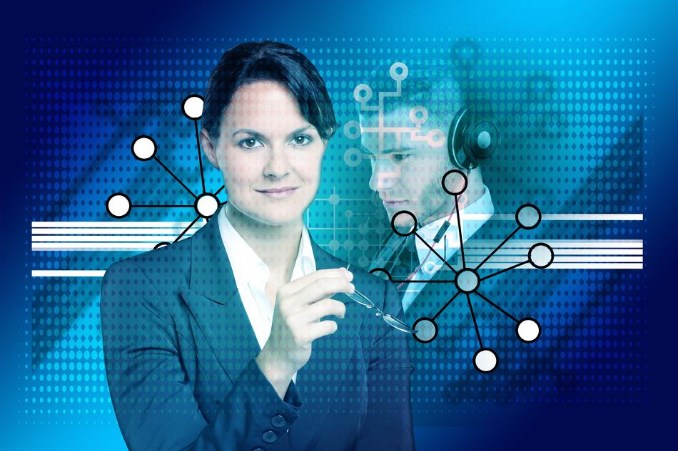 business lady on the background of a chain of blocks