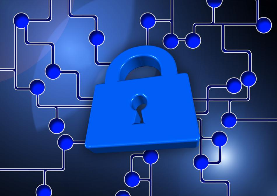 Blue lock, at background with the network with dots and lights, clipart