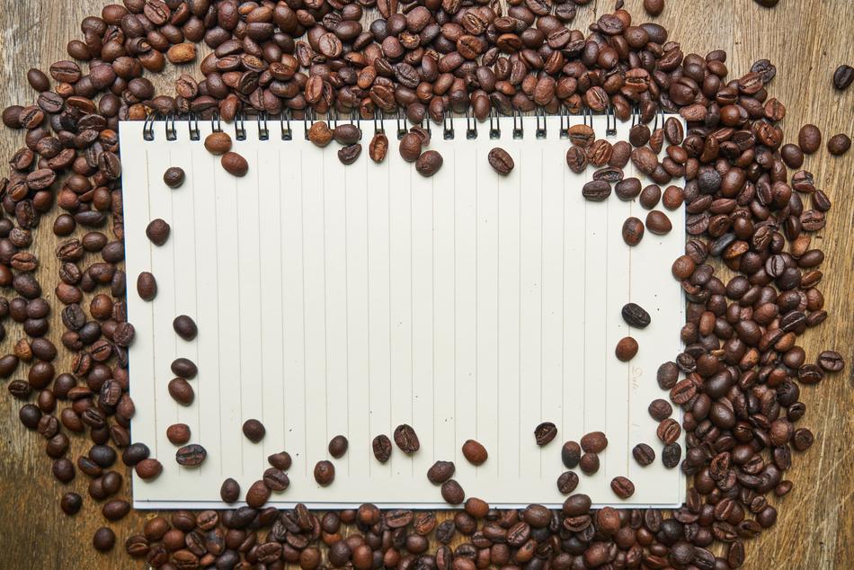 notebook with clean sheets in coffee beans