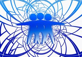 Blue and white silhouettes of the people together, with blue pattern at white background, clipart