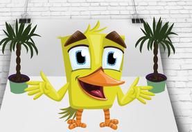 Cute model of the smiling chick among the plants in pots, clipart