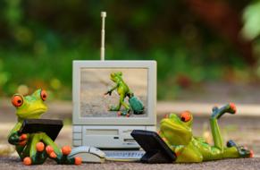 funny figurines of frogs with gadgets in a blurred background