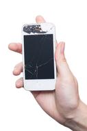 Person, holding broken, white Iphone in the hand, at white background