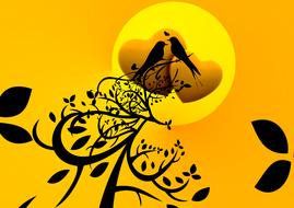 black silhouettes of birds in love on a tree on a yellow background