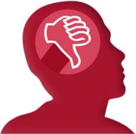 Red profile of a head with red and white thumb down sign, at white background, clipart