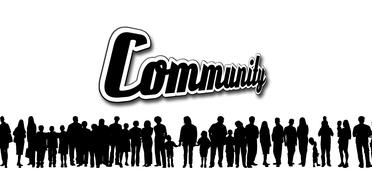 Black silhouettes of the people, at background with black and white "Community" sign, clipart