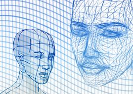 female head, wireframe, blue drawing