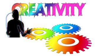 Silhouettes of the people near the colorful, gradient "Creativity" sign and gears together, at white background, clipart