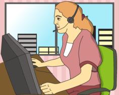 Colorful clipart with the sitting woman secretariat with headphones, near the windows with city view