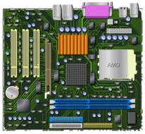 computer motherboard with colorful chips