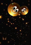 Shiny decorations with smiling faces in the colorful space with stars, clipart