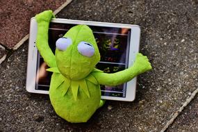 Cute, green Kermit Frog with white table, on the ground