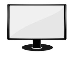 Shiny, grey and black monitor on the stand, at white background, clipart