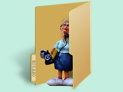 secretary, funny female figurine with vintage phone in folder with office label