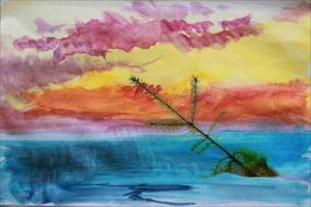 Beautiful and colorful painting with green fir tree, under the colorful sky with clouds, clipart