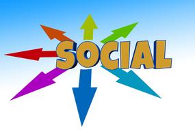 3d, yellow and blue "Social" sign, with colorful arrows, at blue and white, gradient background, clipart