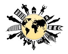 black silhouettes of people and building on globe as concept