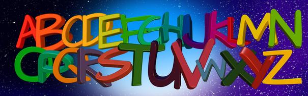 Alphabet with colorful, 3d letters, at background with colorful space with stars, clipart