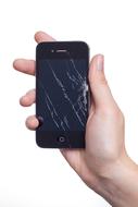 touchscreen phone with broken screen in man's hand