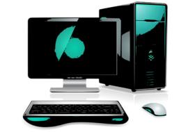 Black, green and grey computer with the monitor, keyboard and mouse, on white surface, clipart