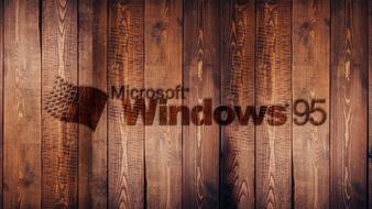"Microsoft Windows 95" sign on the brown, wooden wall, clipart