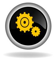 Yellow gears at black background, on the round icon in metallic frame, with shadow, at white background, clipart