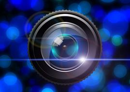 Close-up of the camera lens with colorful bokeh lights, at background with bokeh lights, clipart