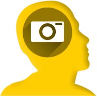 Round icon with white camera, on the yellow profile of a head, at white background, clipart