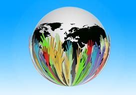 Earth globe with the colorful hands, at blue, gradient background, clipart