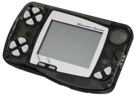 Model of the black and grey "WonderSwan" video game console, at white background, clipart