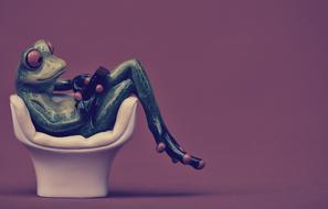 Cute, colorful and beautiful figure of the frog, on white seat, with shadow, at violet background