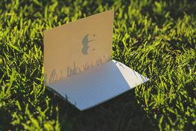 open notebook on green grass