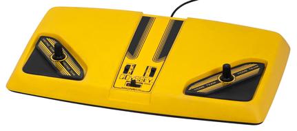 Model of the yellow and black "Odyssey" video game console with wire, at white background, clipart