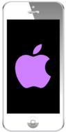 White Iphone smartphone with purple "Apple" logo on the black screen, clipart