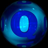 Shiny, blue "Q" letters on the globe, at dark background, clipart