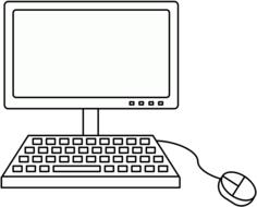 Black and white computer with monitor, keyboard and mouse, at white background, clipart