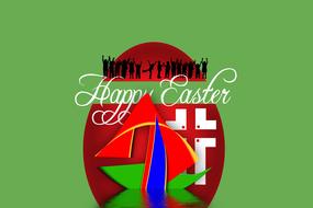 Colorful Easter Egg with people silhouettes, signs and shapes, at green background, clipart