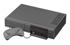 Grey and black model of "Philips CDI" video game console, at white background, clipart