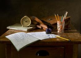 retro photo of an open notebook and stationery on a desk