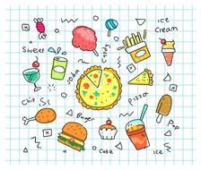 set of food as doodles on paper