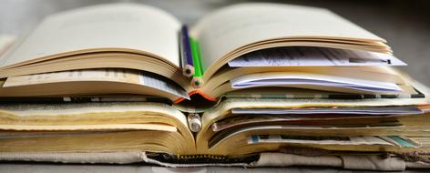 multicolored pencils lie on open books on the table