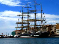 Russian sailing Ship anchored in harbor, france,