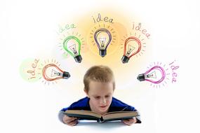 idea, light bulbs drawing around child boy reading book