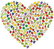 drawn heart made of fruits on a white background