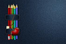 Colorful pencils and red heart at blue background